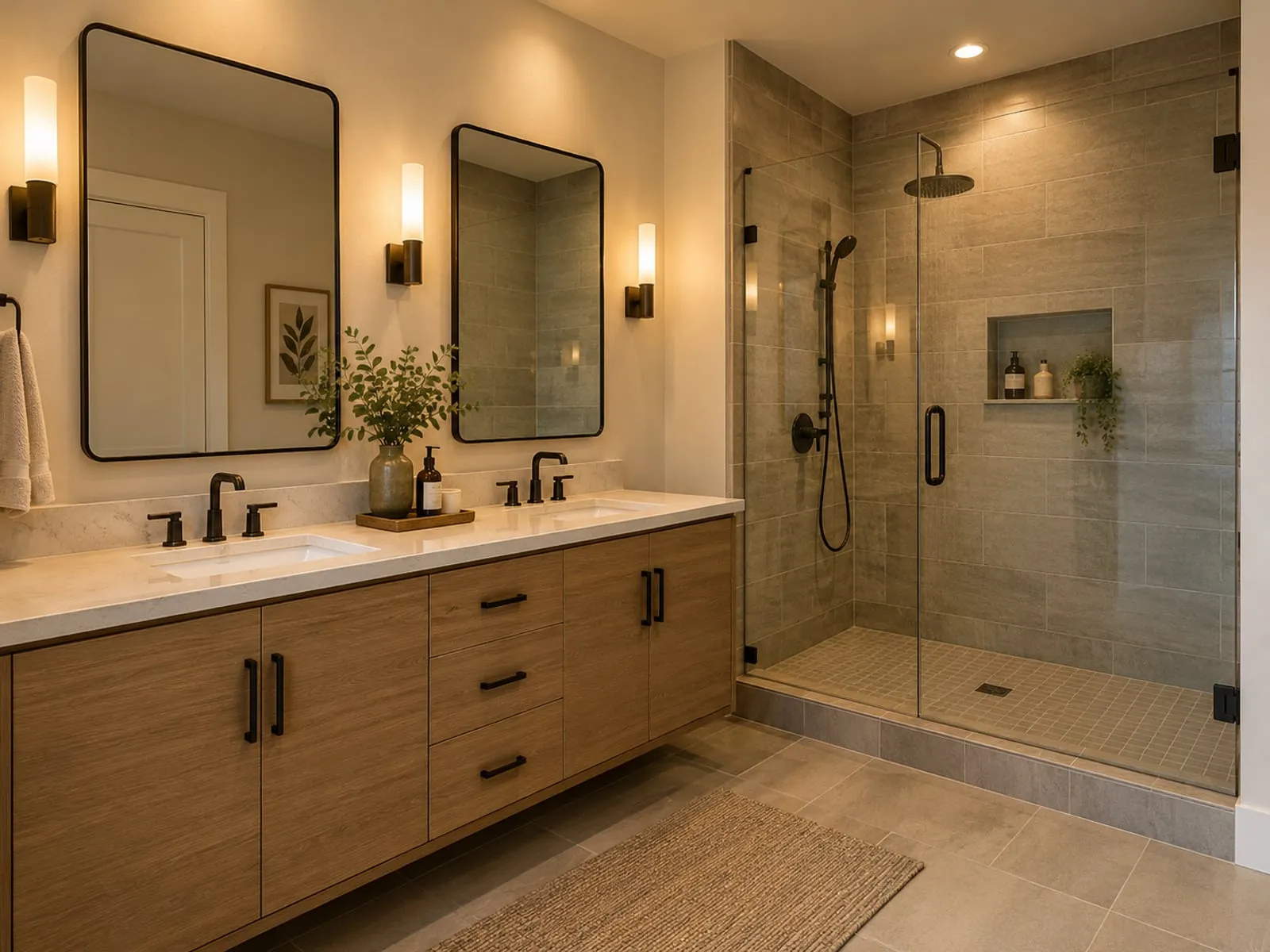 Bathroom with a tiled walk-in shower lit by a wet rated recessed light