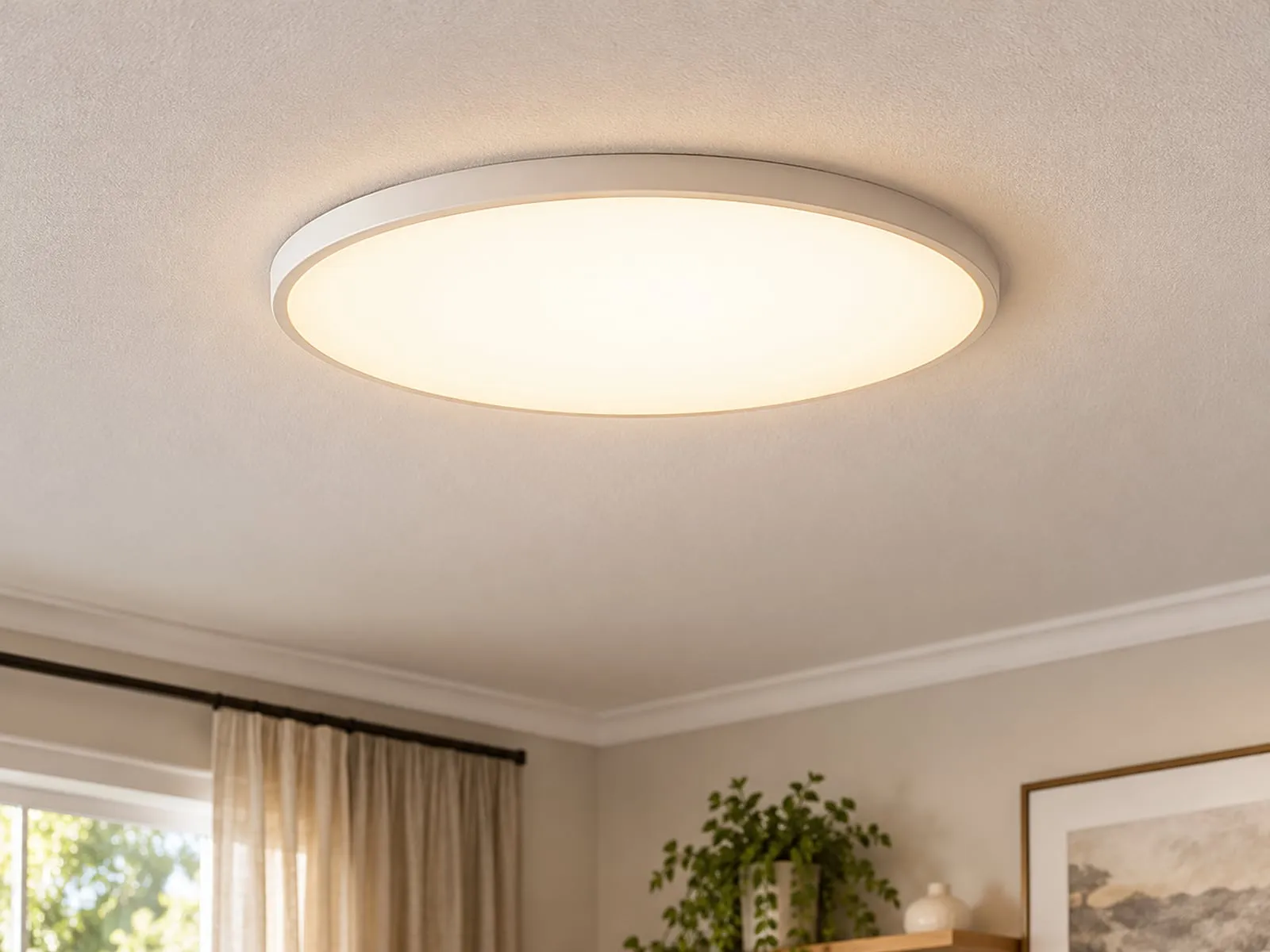 Slim canless LED light mounted flush in a white ceiling