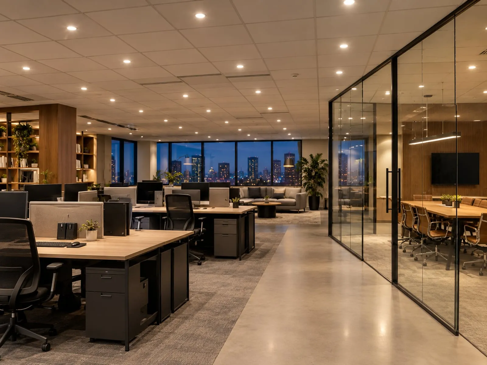 Open office with rows of LED recessed downlights in a grid ceiling