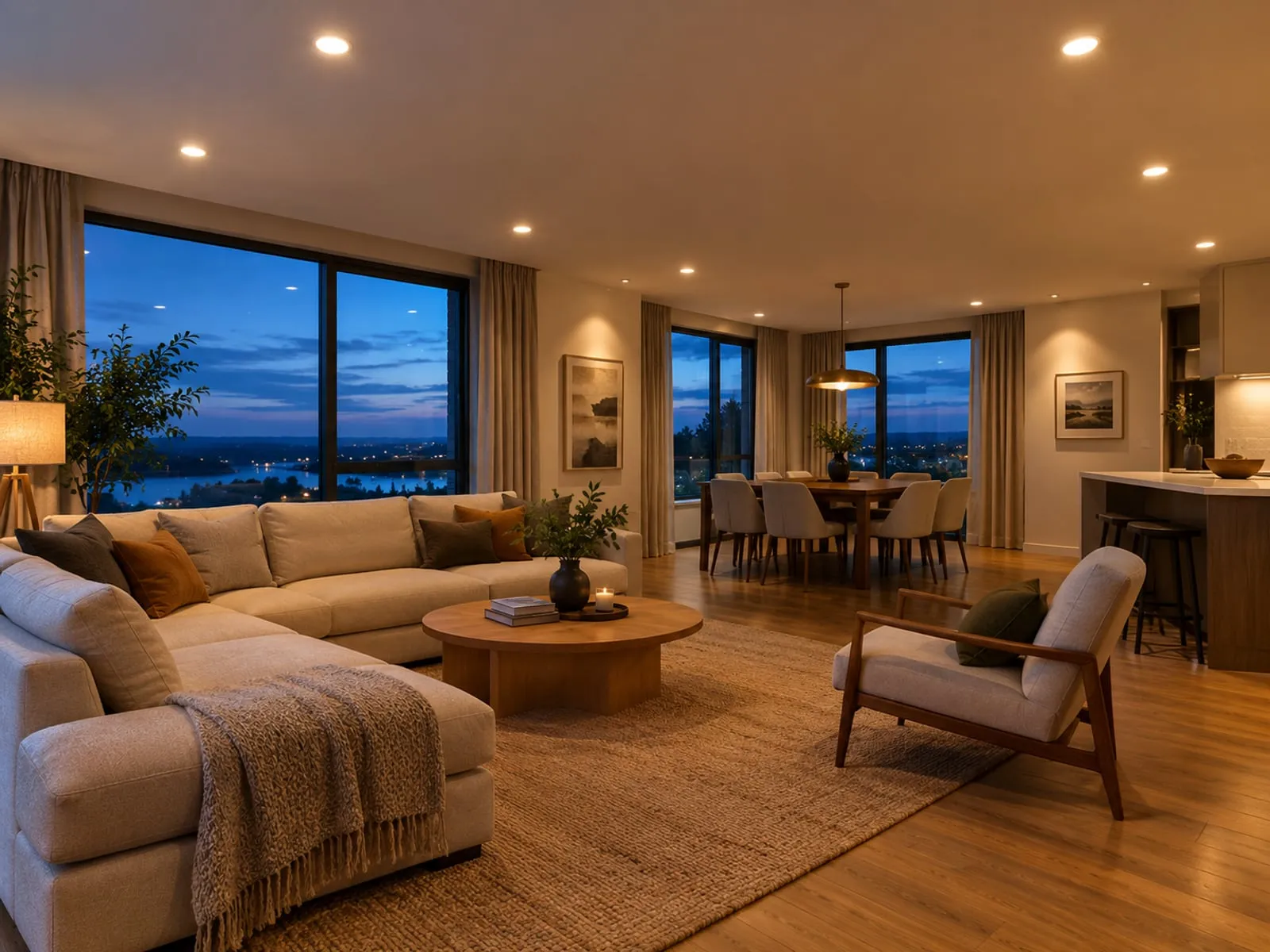Living room at dusk lit by evenly spaced warm LED recessed lights