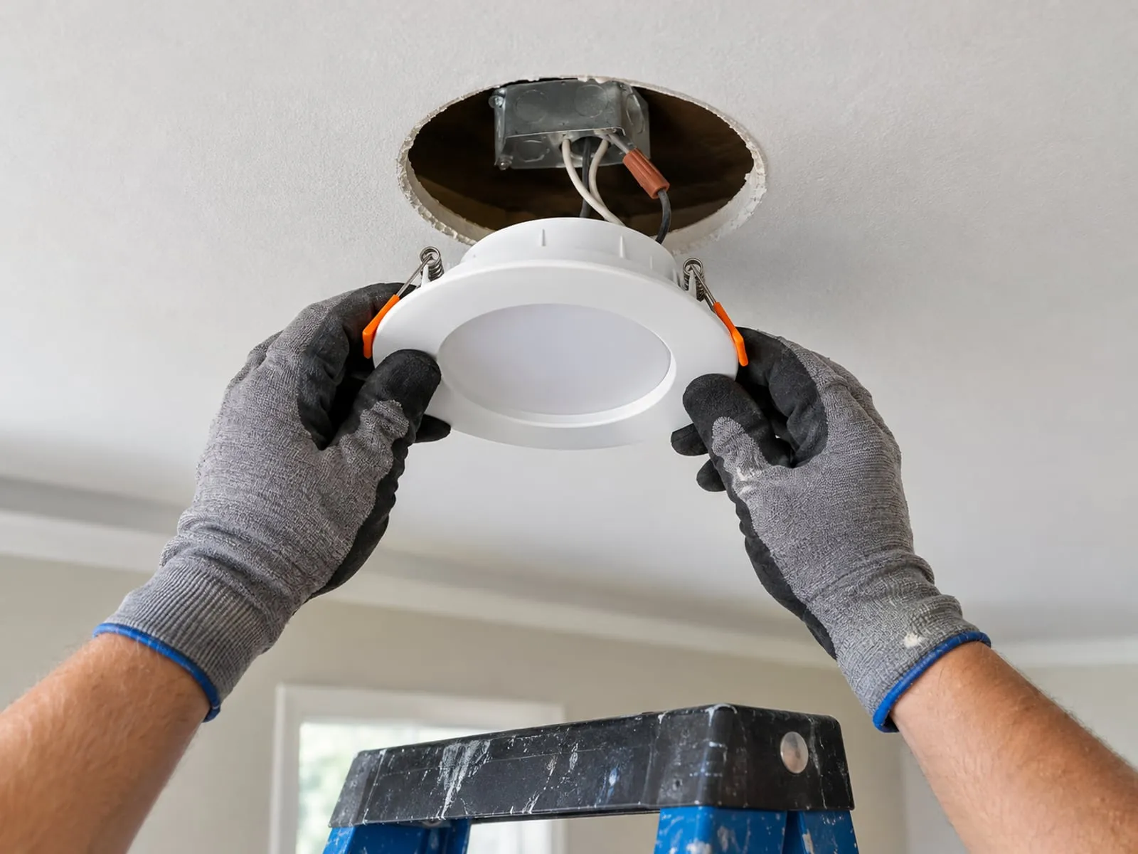 Canless LED recessed light being pushed into a ceiling cutout with its junction box