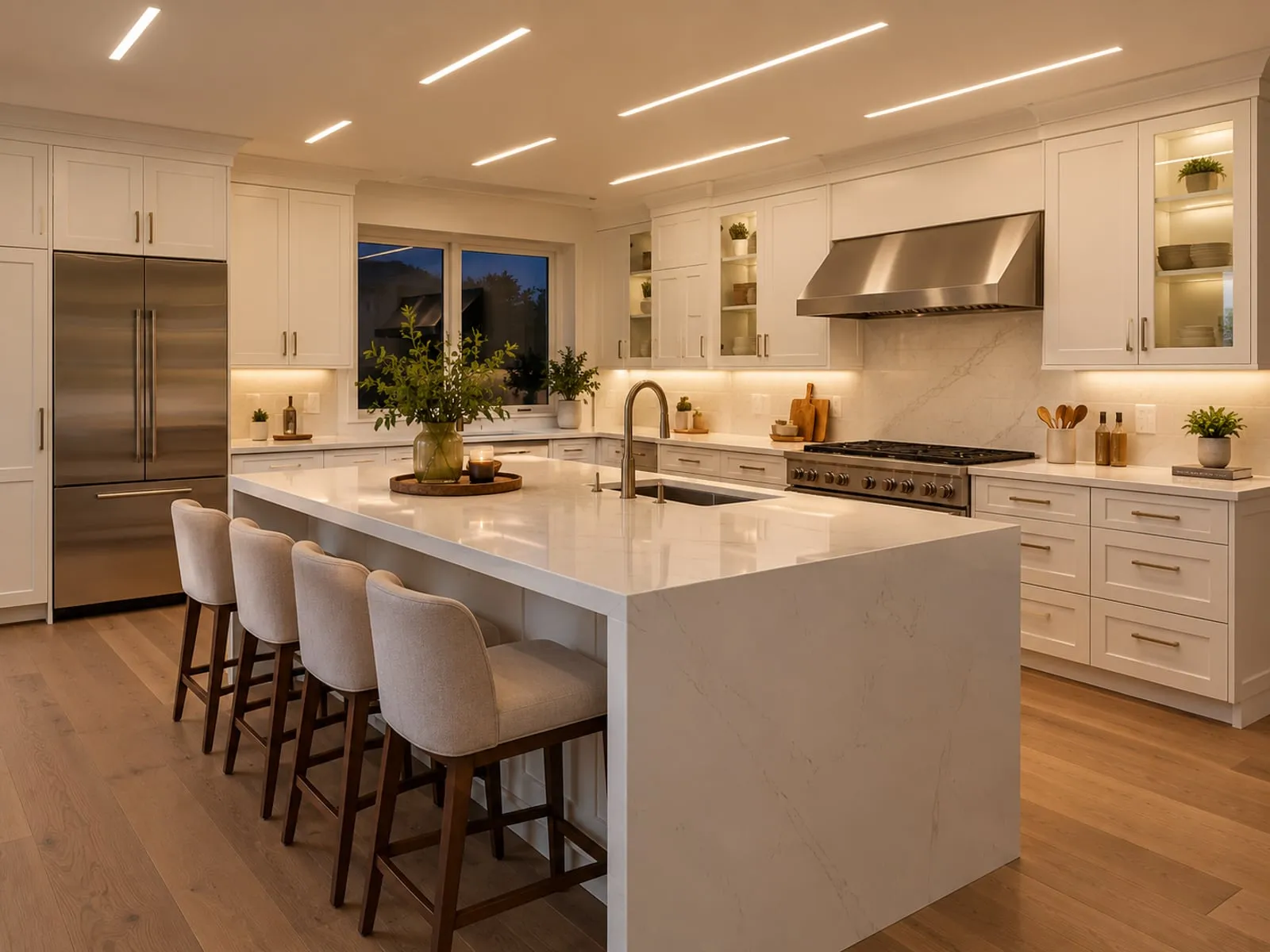 Kitchen ceiling lighting spread evenly over counters and a quartz island