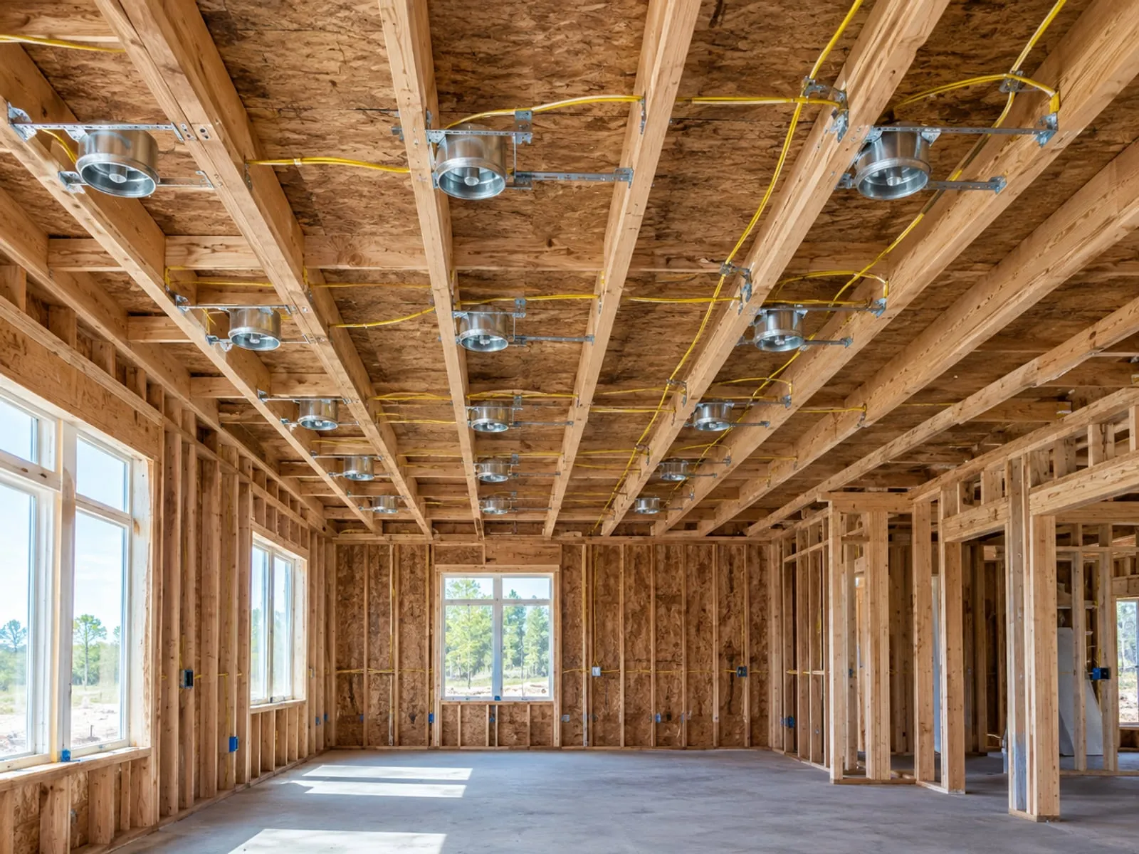Open ceiling joists with new construction recessed light housings and cable run between them