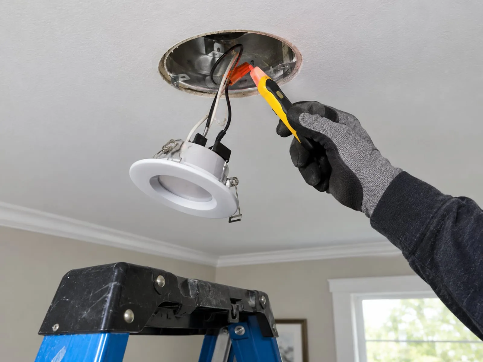 Voltage tester held up to an open recessed light with its trim pulled down