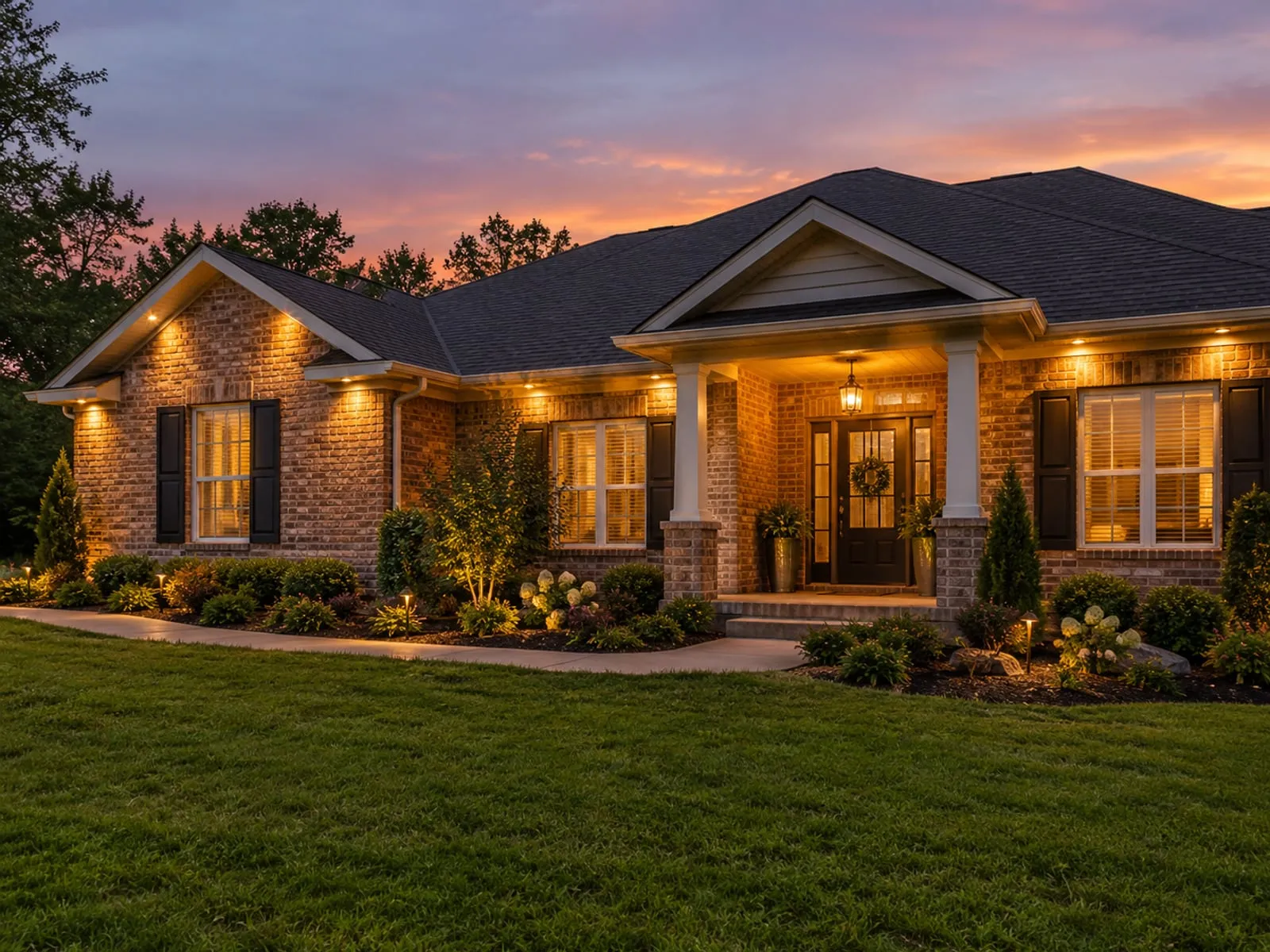 Brick home at twilight with warm recessed lights in the soffits