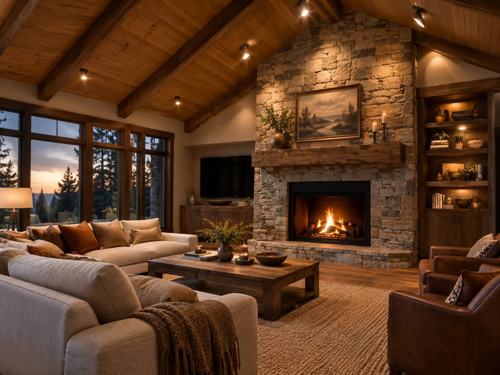 Vaulted beam ceiling with angled recessed lights aimed at a stone fireplace